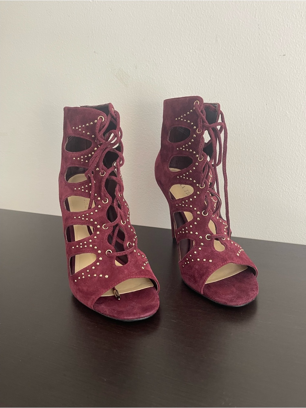 Burgundy Suede Leather Lace-Up Caged Gold Studded Cutout Heels - Picture 5 of 6